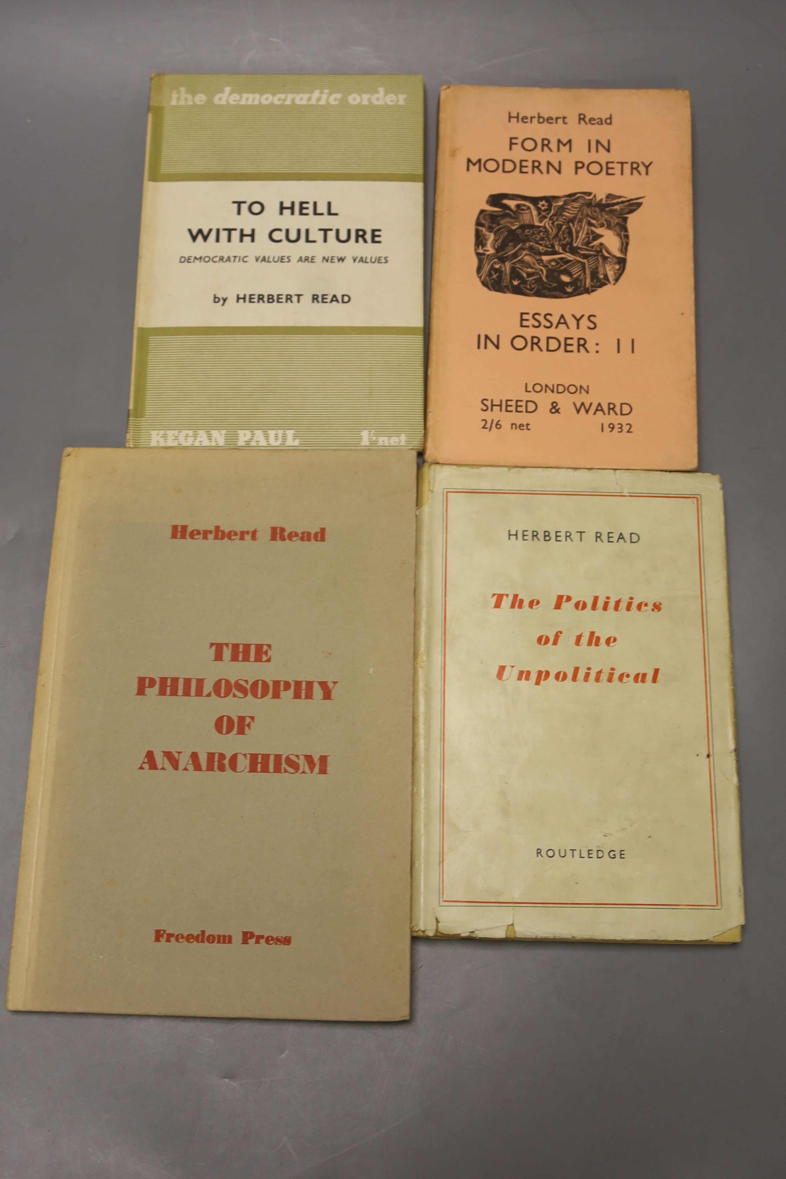Read, Herbert – The Philosophy of Anarchism, limited edition (500 numbered copies), printed boards, Freedom Press Distributors, 1940; together with 3 others by this author